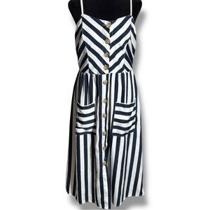 Style House Navy/White Stripe Sleeveless Button Down Front Midi Dress w/ Pockets